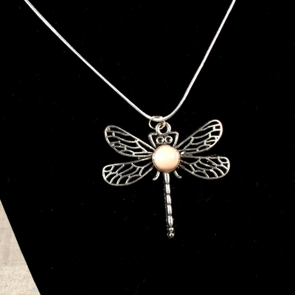 Silver Dragon Fly with White Body Necklace - Picture 2 of 2